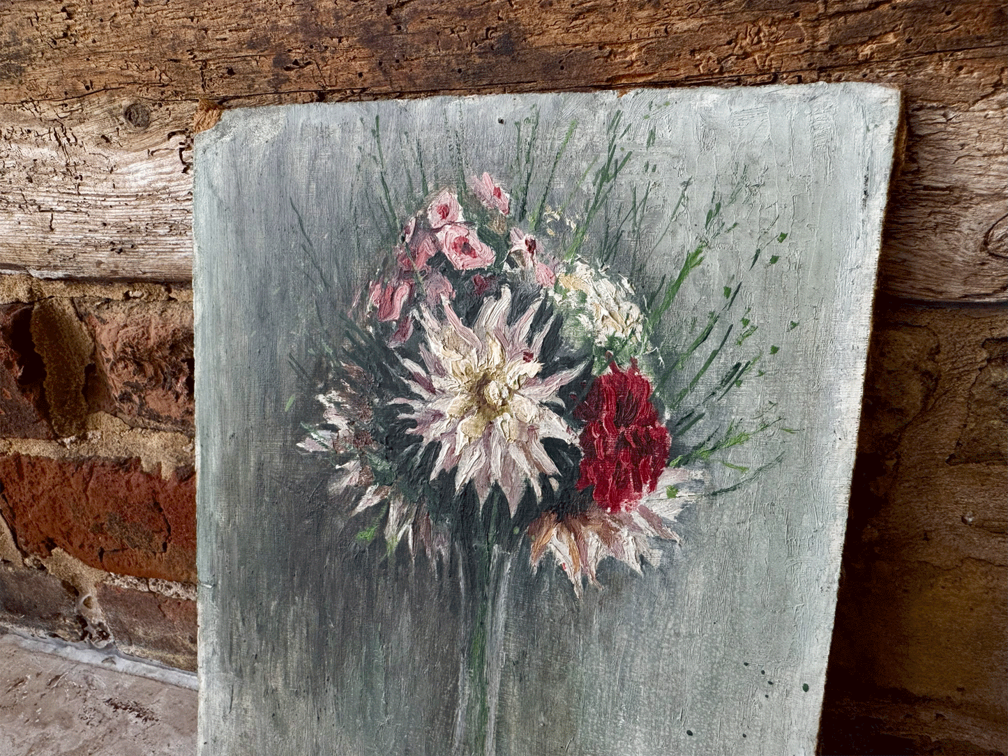 antique french signed oil painting still life flowers florals dahlias