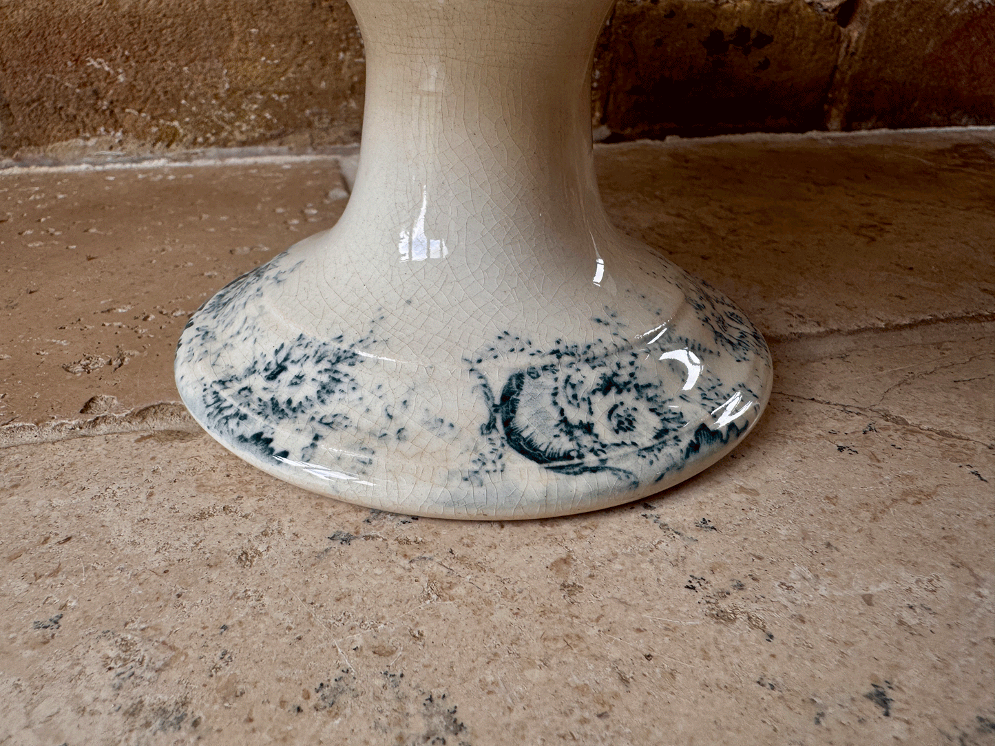 antique french teal transferware terre de fer ironstone compotier compote dish stand boulenger derby 19th century