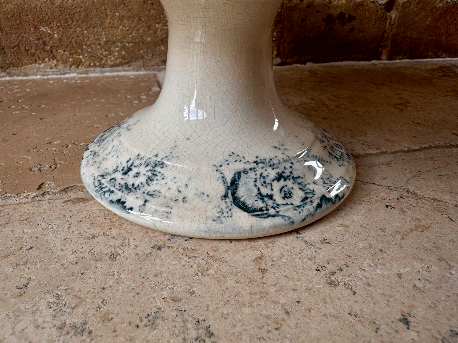 antique french teal transferware terre de fer ironstone compotier compote dish stand boulenger derby 19th century