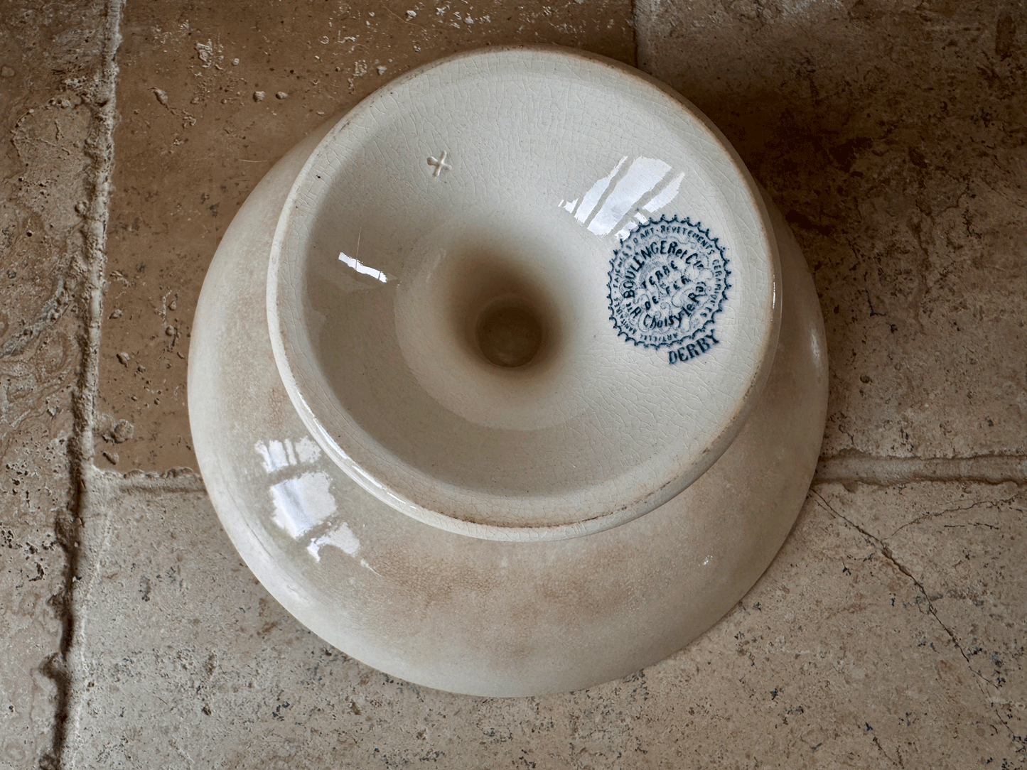 antique french teal transferware terre de fer ironstone compotier compote dish stand boulenger derby 19th century