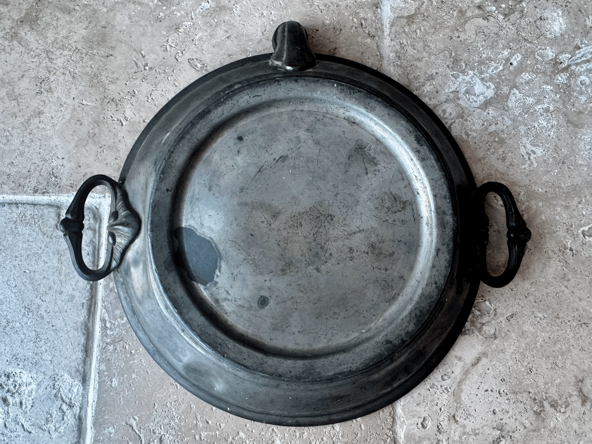 antique french rare blue transferware terre de fer ironstone warming plate platter pewter base