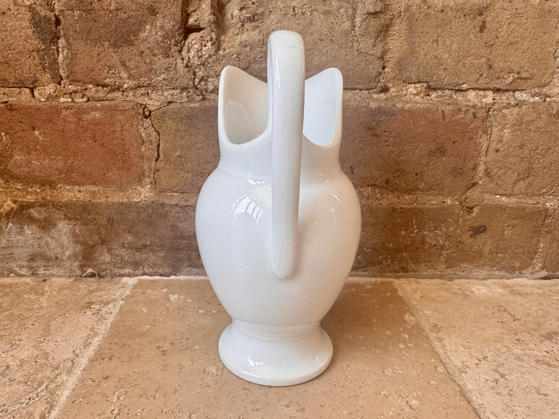 antique french porcelain tall high curved handle plain white pitcher jug vase