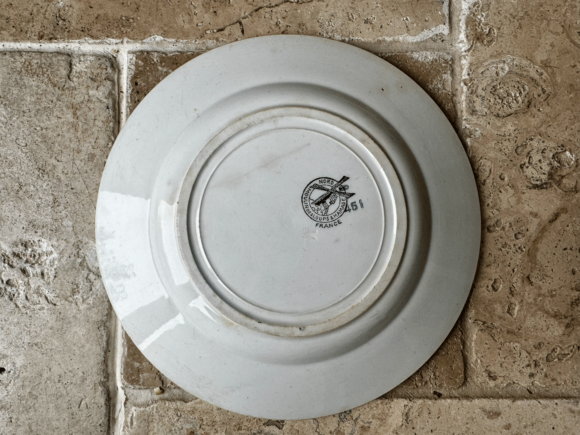 antique french moulin des loups hamage terre de fer ironstone side plate green transferware garland border