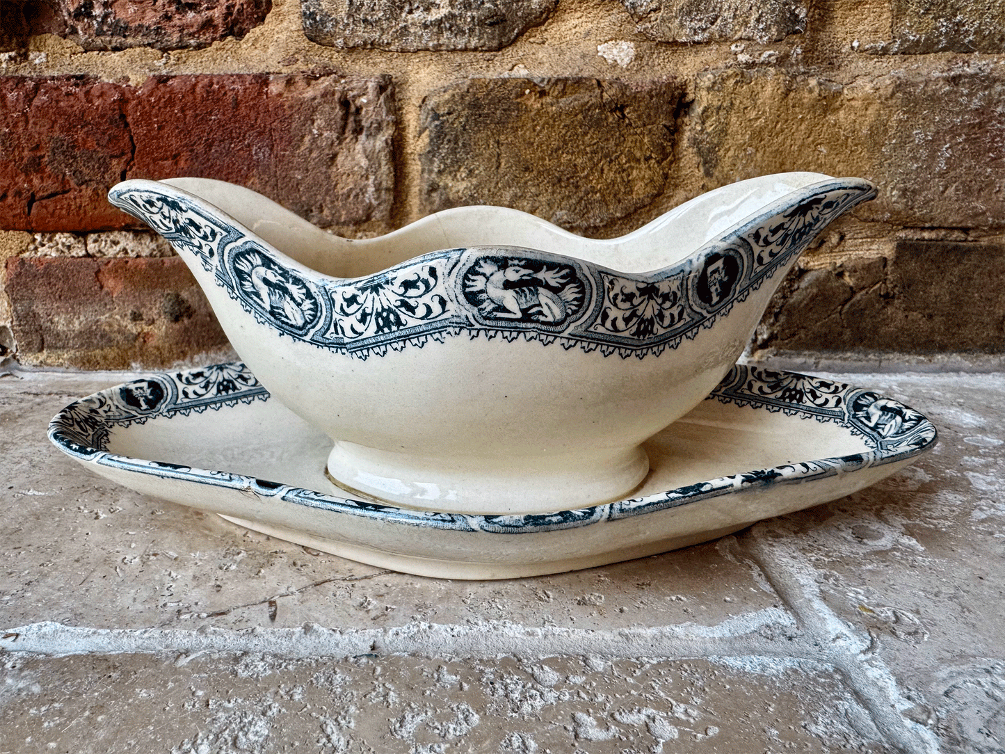 antique salins terre de fer ironstone gravy boat saucier sauce dish teal blue green transferware dragon