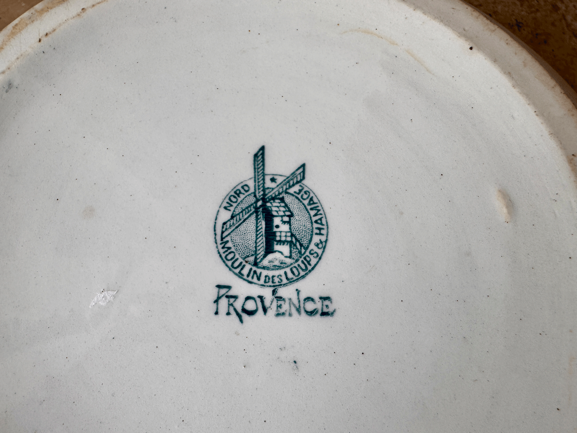 antique french large white ironstone terre de fer saladier serving bowl teal green transferware provence moulin loups hamage