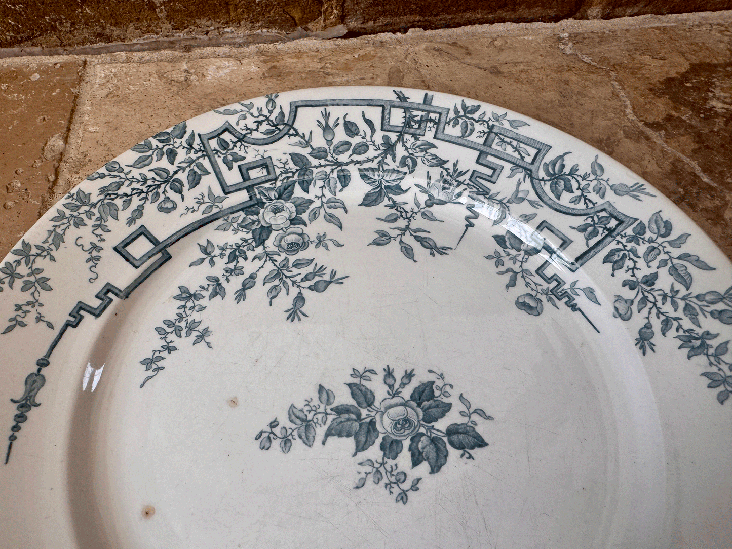 antique french teal transferware plate ironstone terre de fer badonviller roses