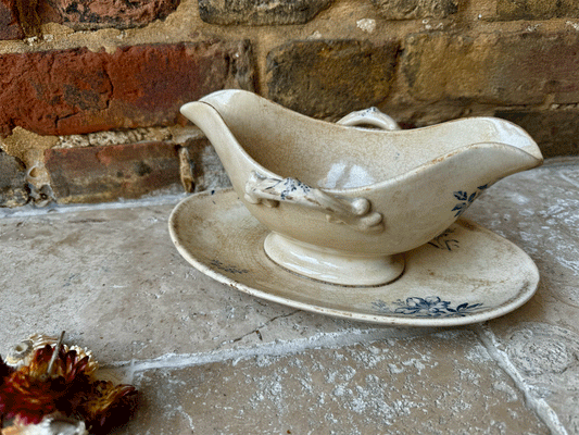 antique french white blue ironstone transferware sauce dish gravy boat saucier