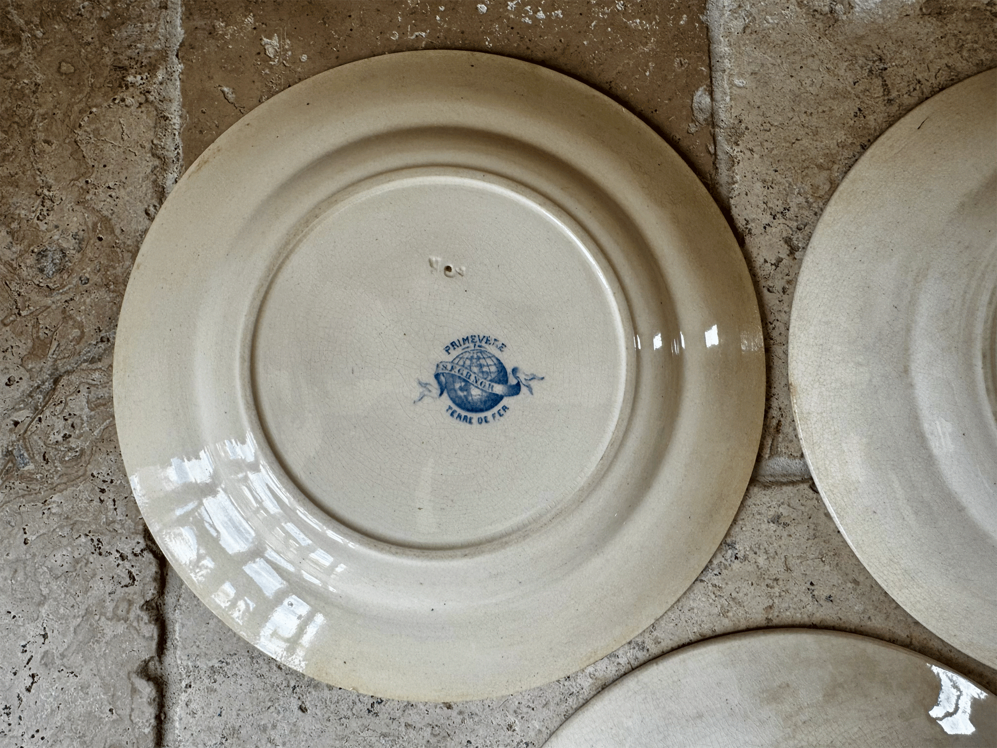 antique french terre de fer ironstone blue transferware plate assiette primavere primrose garland pattern