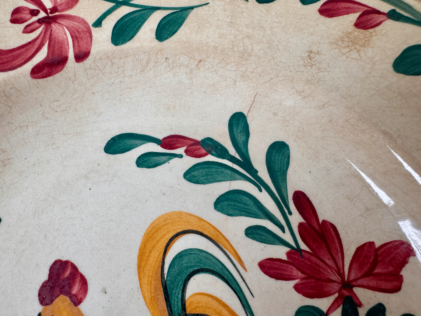 antique french terre de fer ironstone hand painted cockerel soup bowl folk art