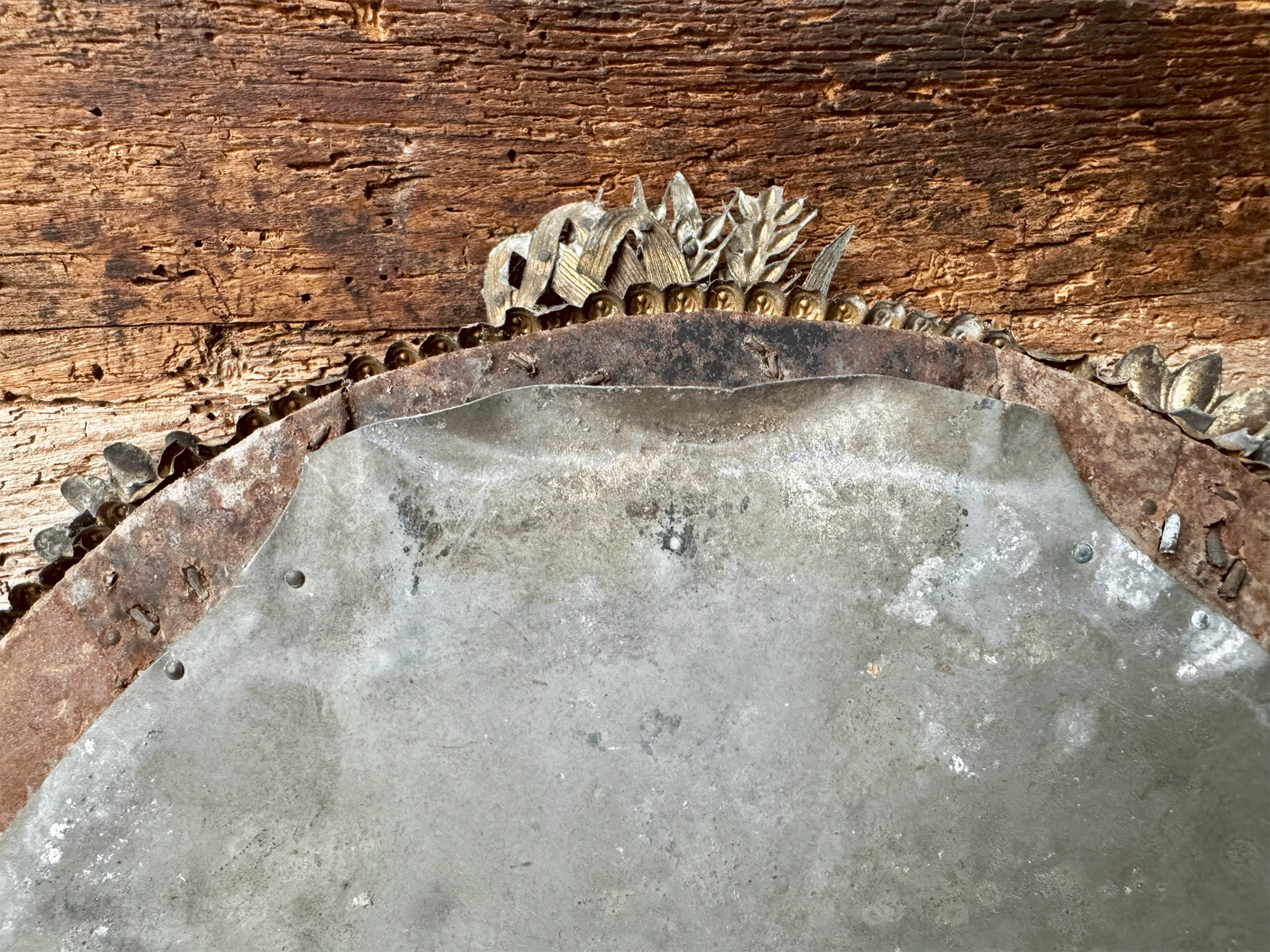 antique french 9th century 1800s timworn distressed foxed mirror metalwork frame