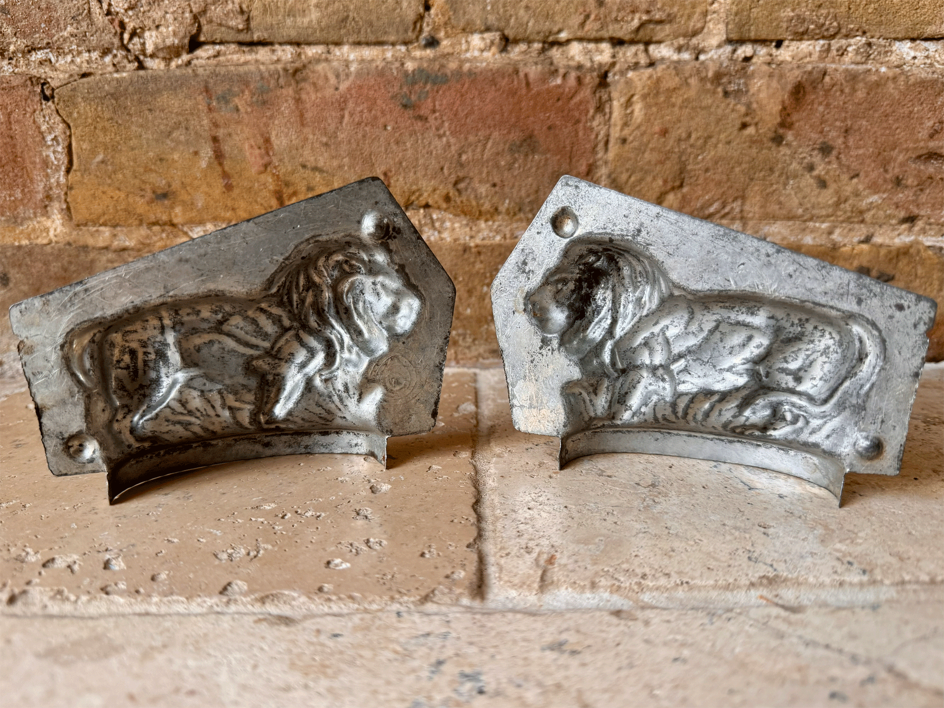antique french rare lion shaped figural tin steel chocolate mould
