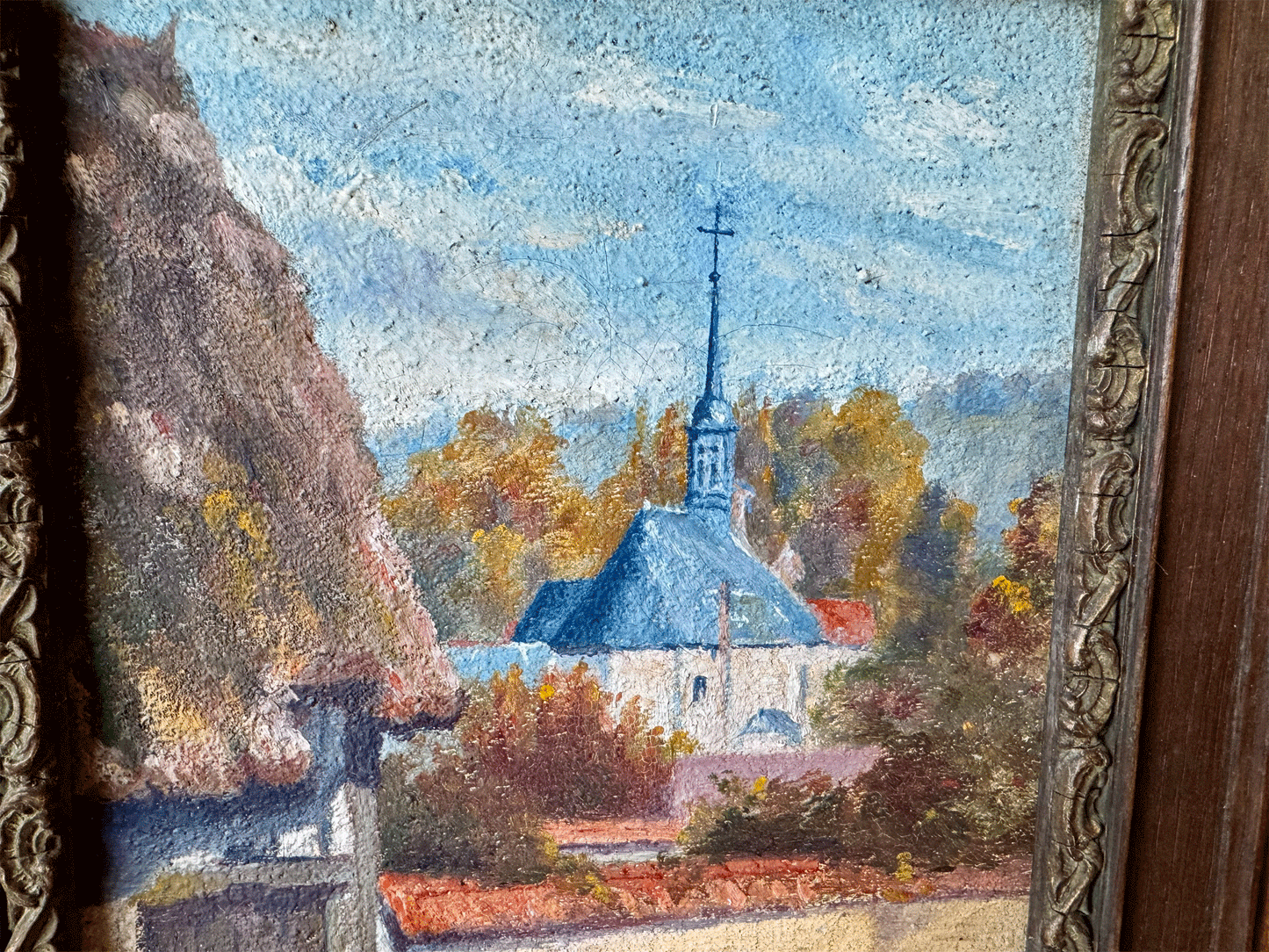 antique french signed framed oil painting canvas country landscape farm buildings village church