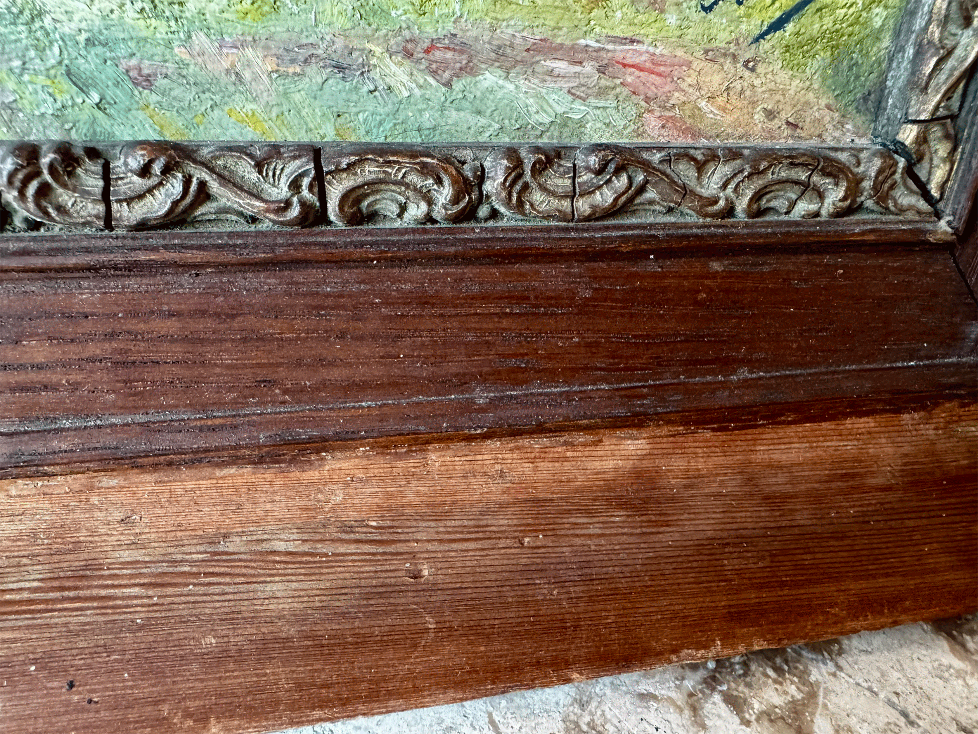 antique french signed framed oil painting canvas country landscape farm buildings village church