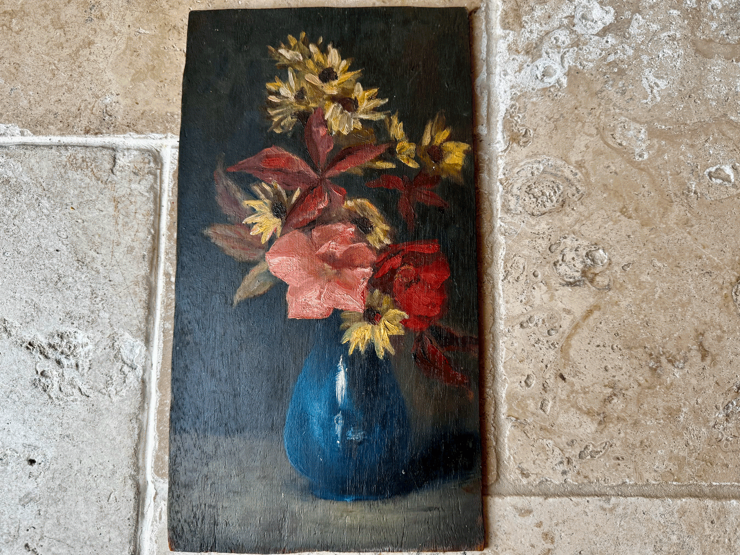 antique french oil painting on board still life floral composition vase flowers