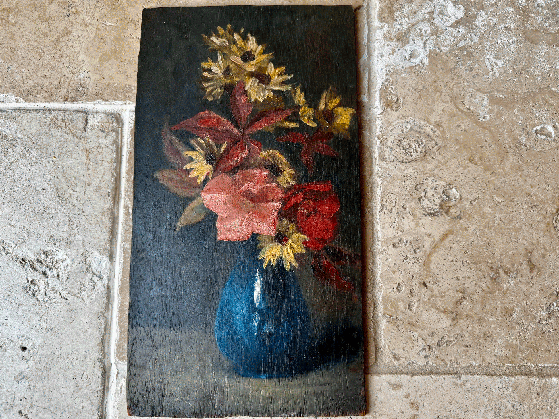 antique french oil painting on board still life floral composition vase flowers
