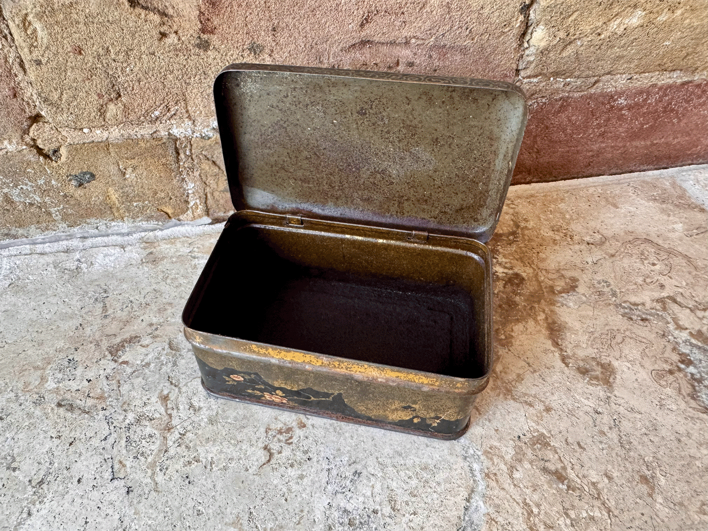 antique vintage french packaging tin chinoiserie religious style rustic interior decor