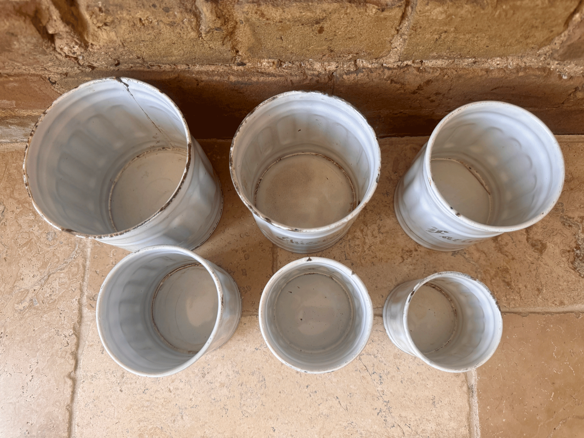 antique french set six white enamel kitchen canisters storage jars gold trim