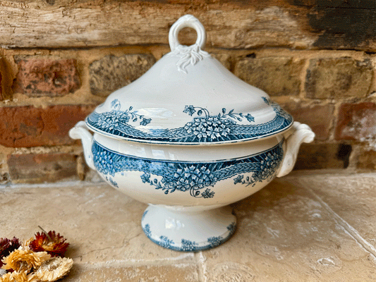 antique french white ironstone blue transferware large soup tureen soupiere