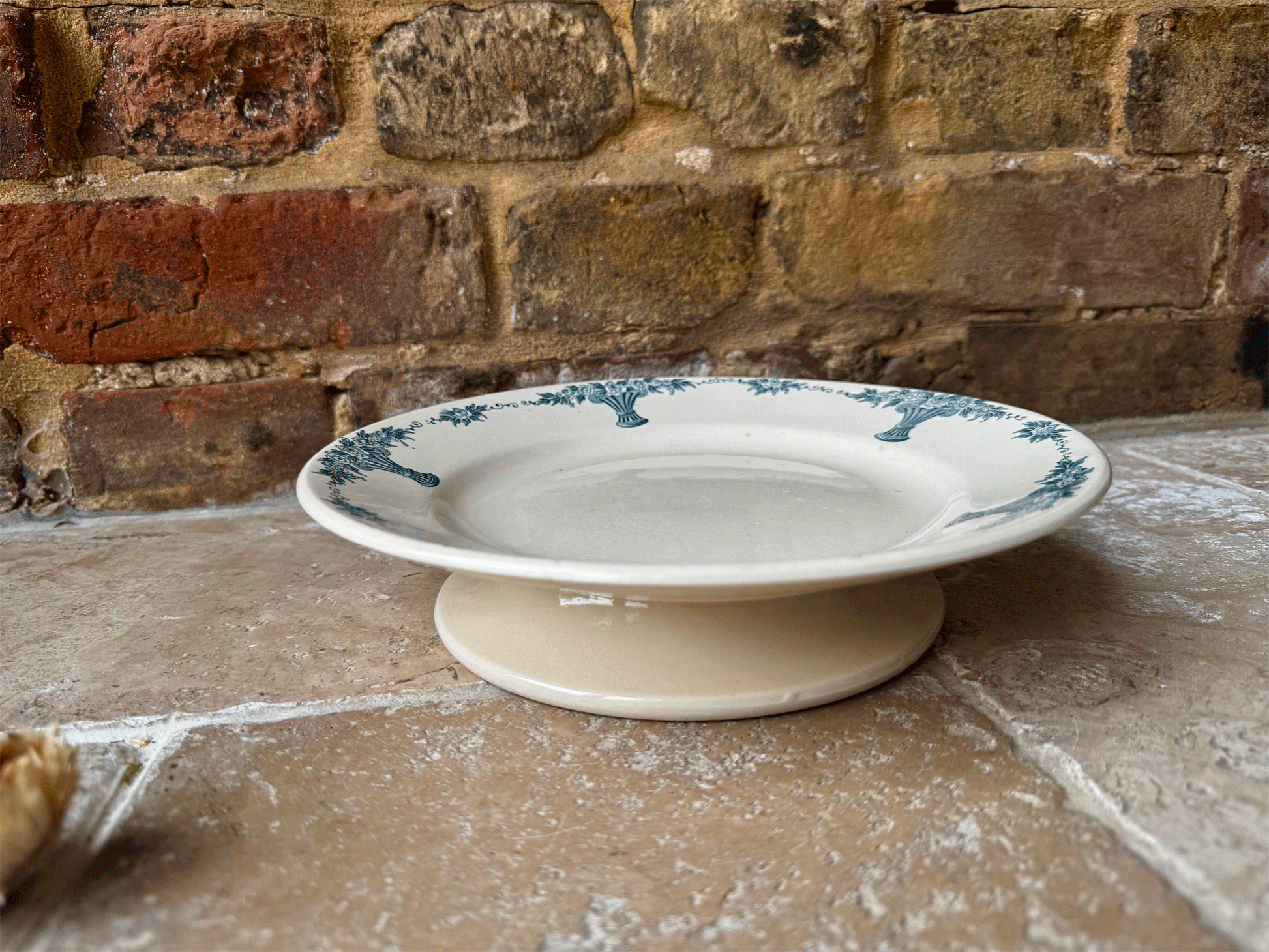 antique french teal transferware white ironstone faience ancienne compotier compote dish longchamp ennege