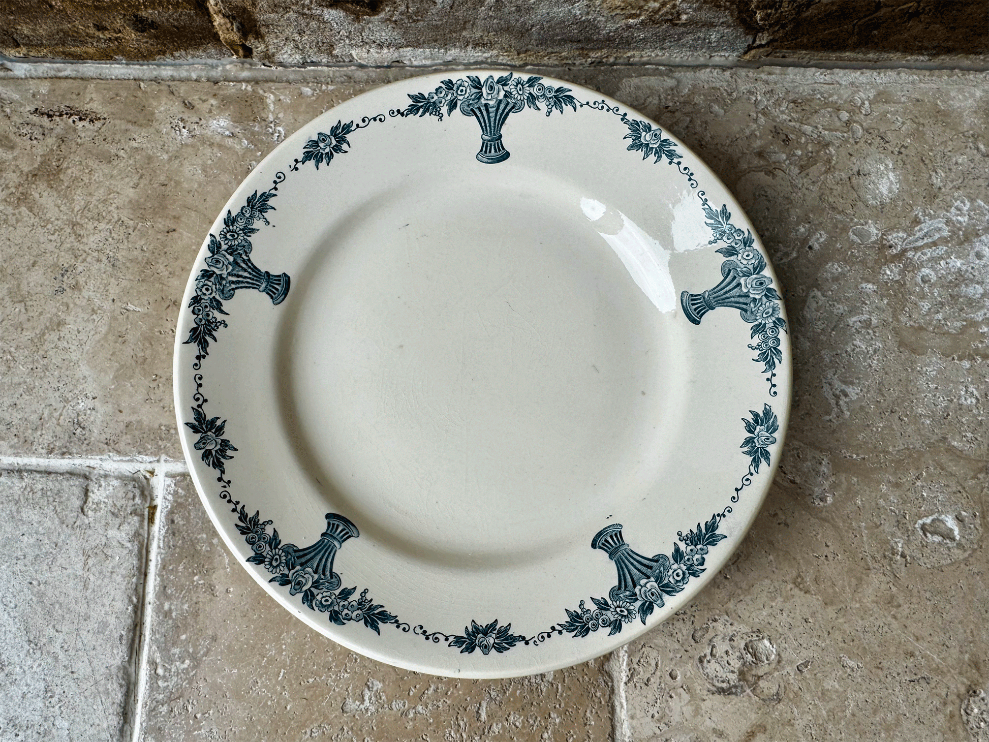 antique french teal transferware white ironstone faience ancienne compotier compote dish longchamp ennege