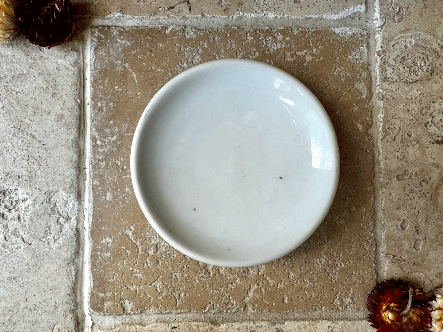 antique french large chunky chubby white ironstone butter pat dish