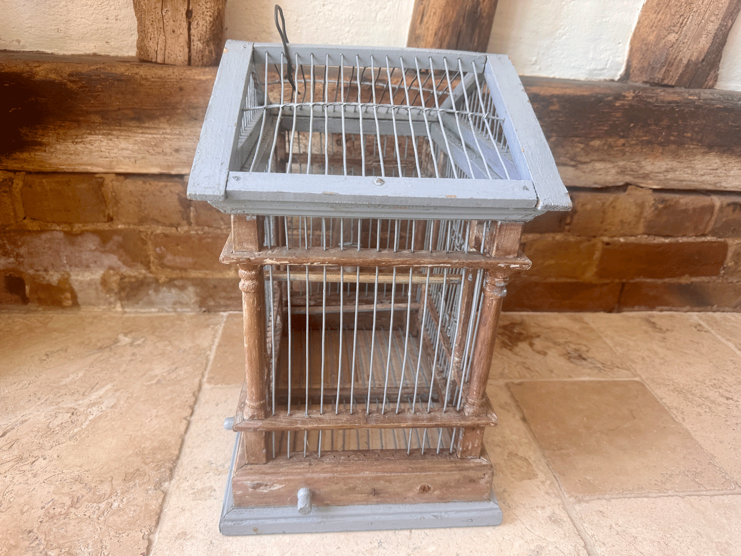 antique french vintage rustic wooden grey painted wooden wire birdcage classical mansion