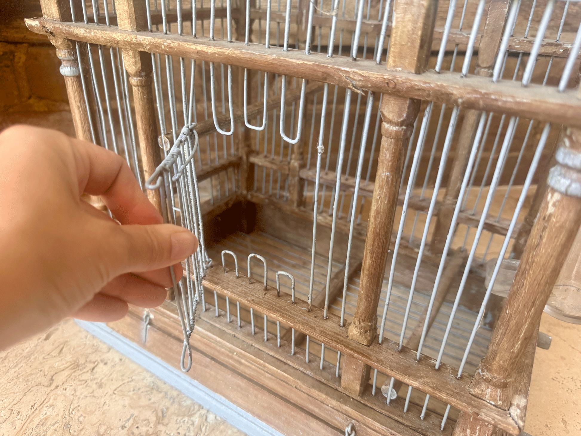 antique french vintage rustic wooden grey painted wooden wire birdcage classical mansion