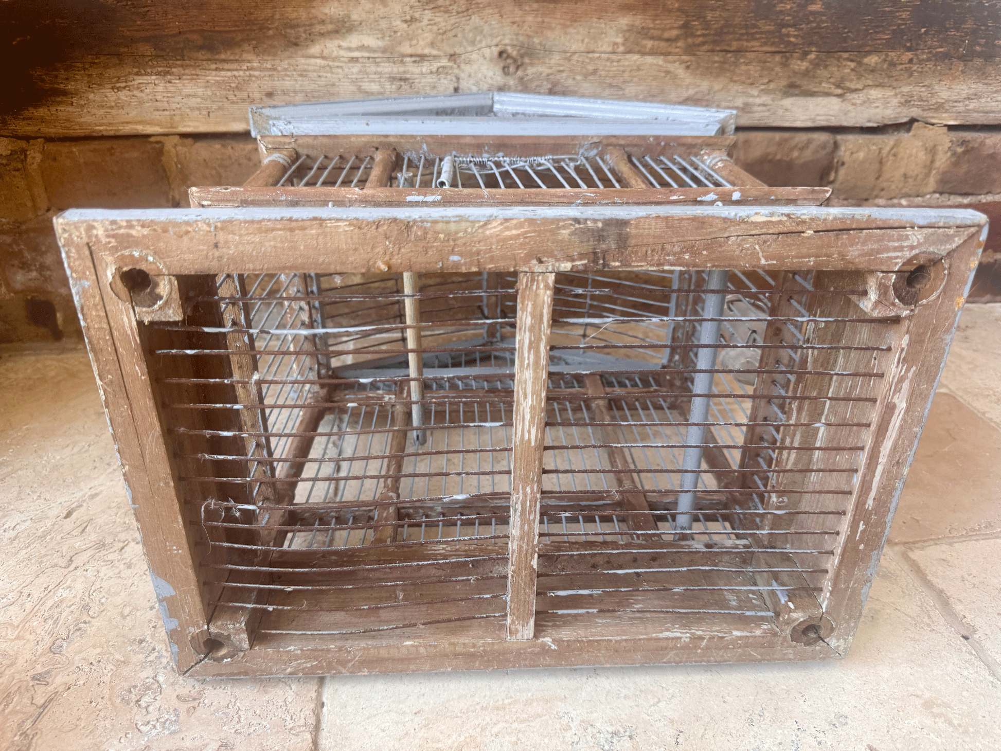antique french vintage rustic wooden grey painted wooden wire birdcage classical mansion