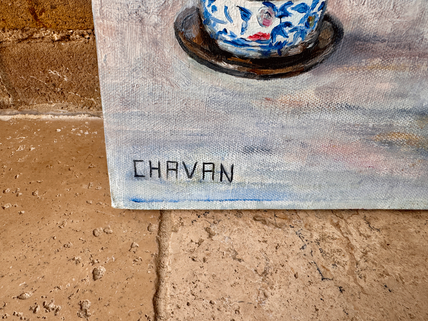vintage french large floral still life chinoiserie vase pottery oil canvas signed chavan