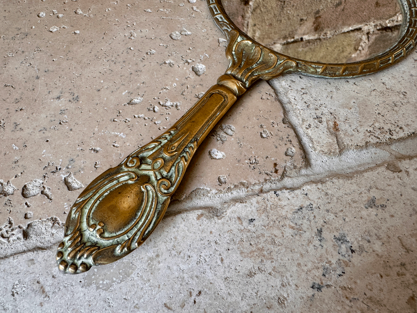 vintage french art deco brass hand mirror decorative ribbon bow banner border