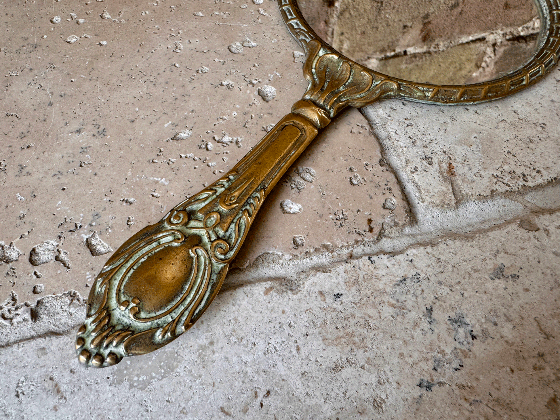 vintage french art deco brass hand mirror decorative ribbon bow banner border