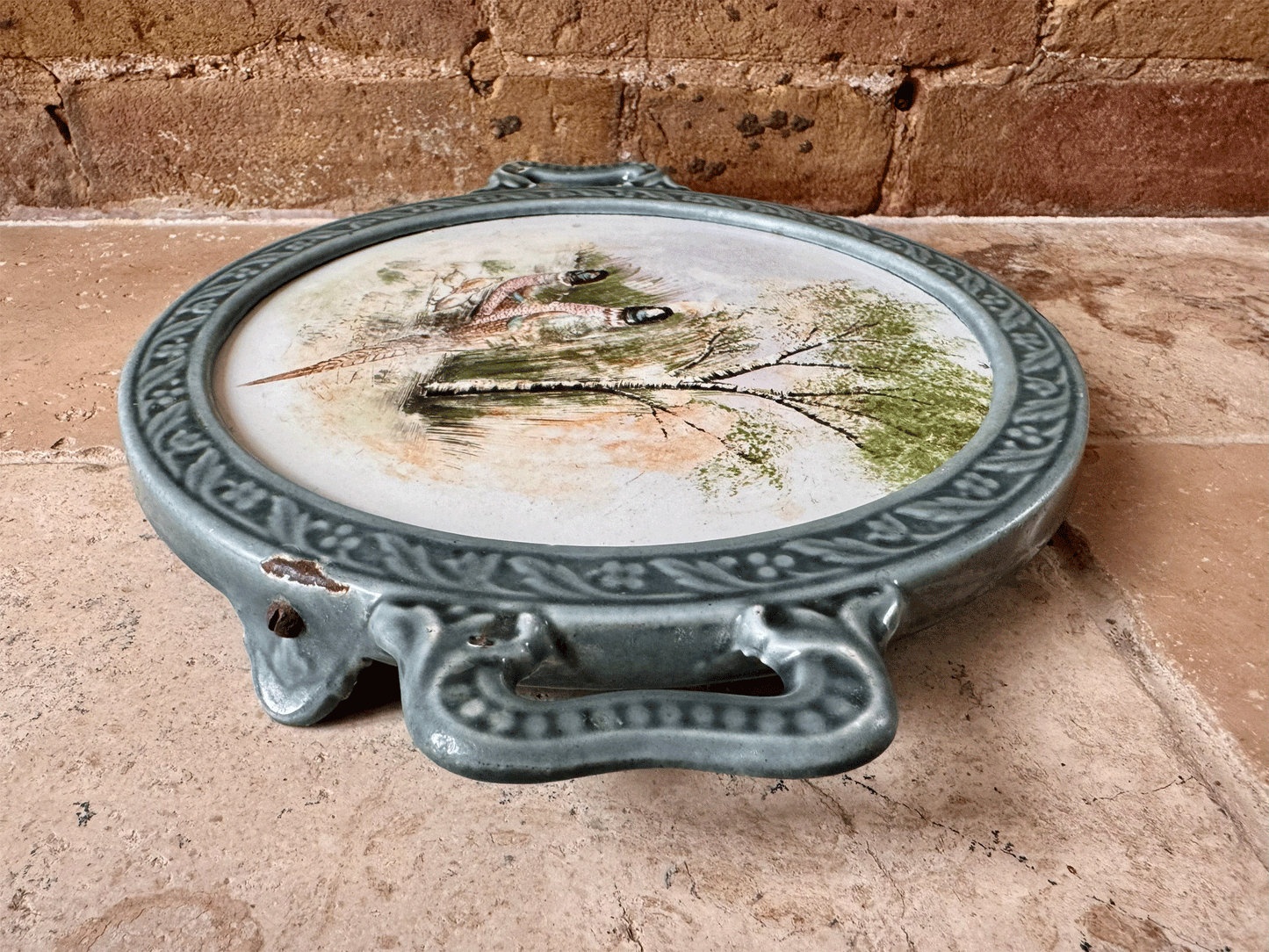 large vintage french blue enamel pot stand painted tile family pheasants