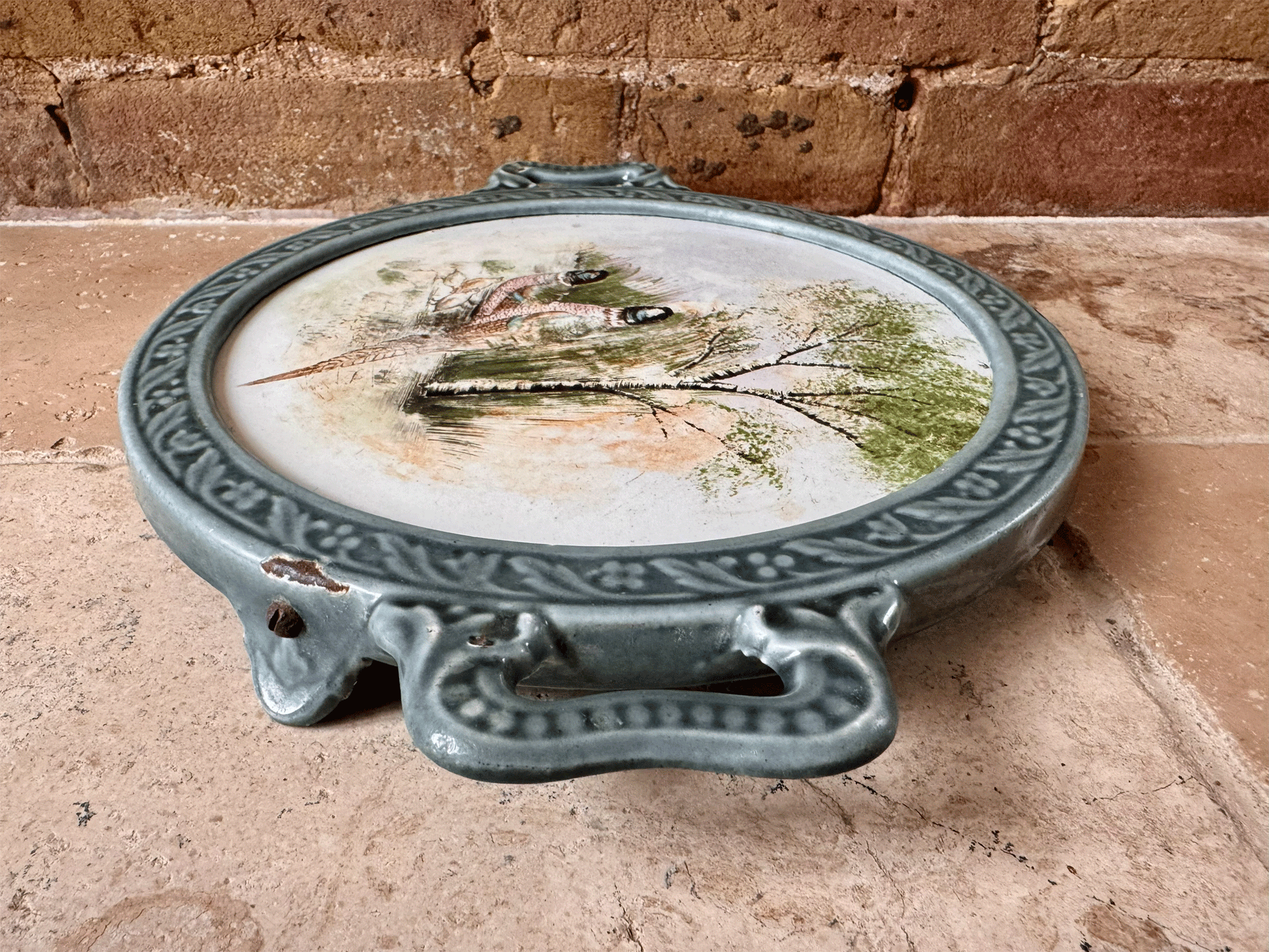 large vintage french blue enamel pot stand painted tile family pheasants