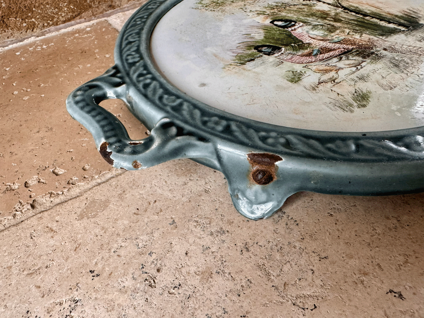 large vintage french blue enamel pot stand painted tile family pheasants