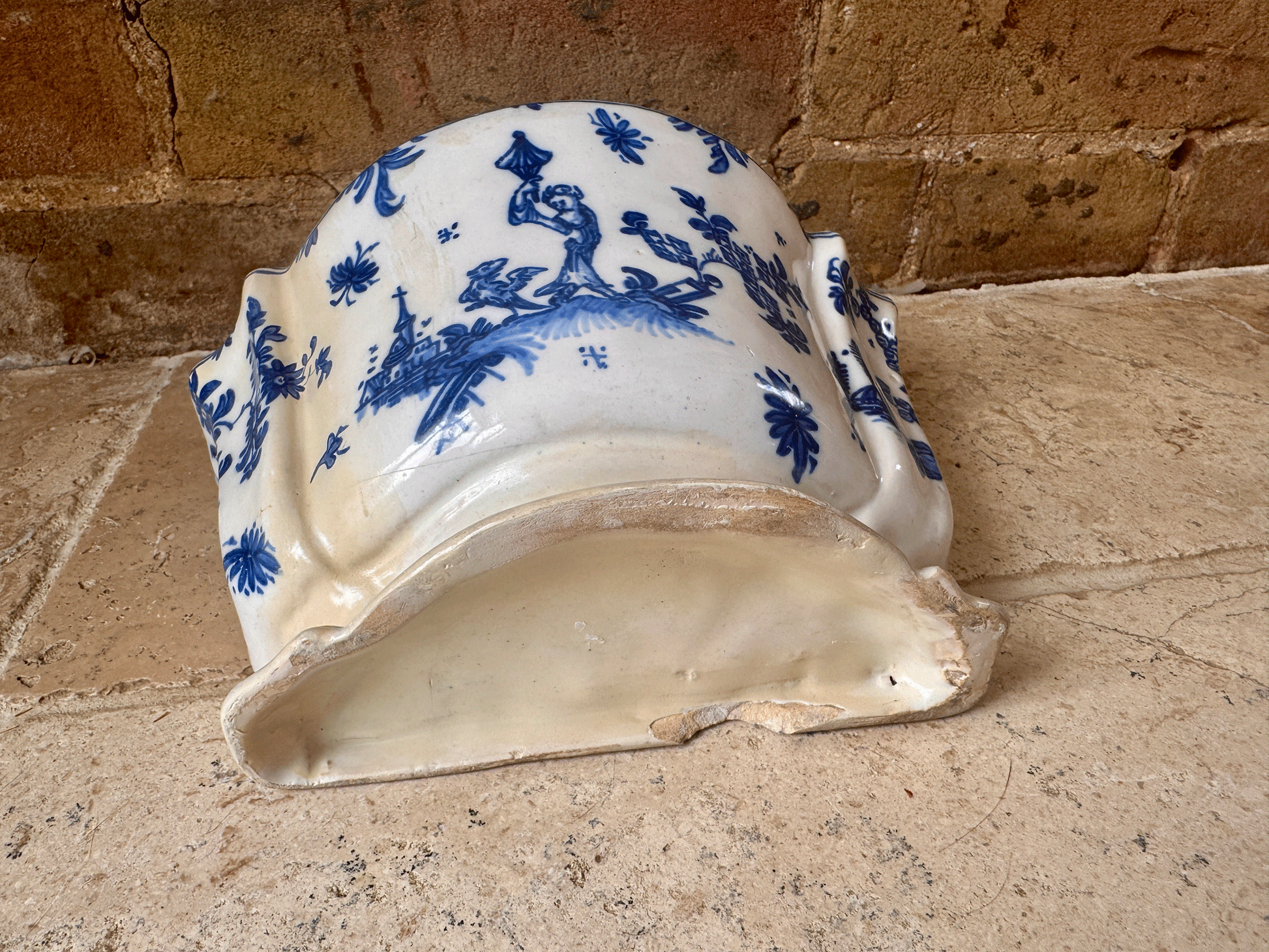 antique french rare blue white glazed flower frog display vase bouquetiere