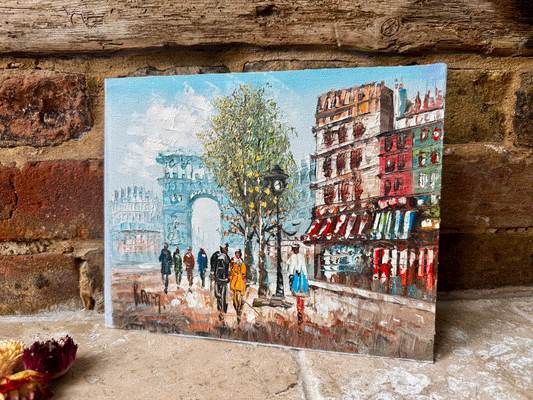 vintage paris tourist scene oil painting signed burnett impressionist style arc triomphe