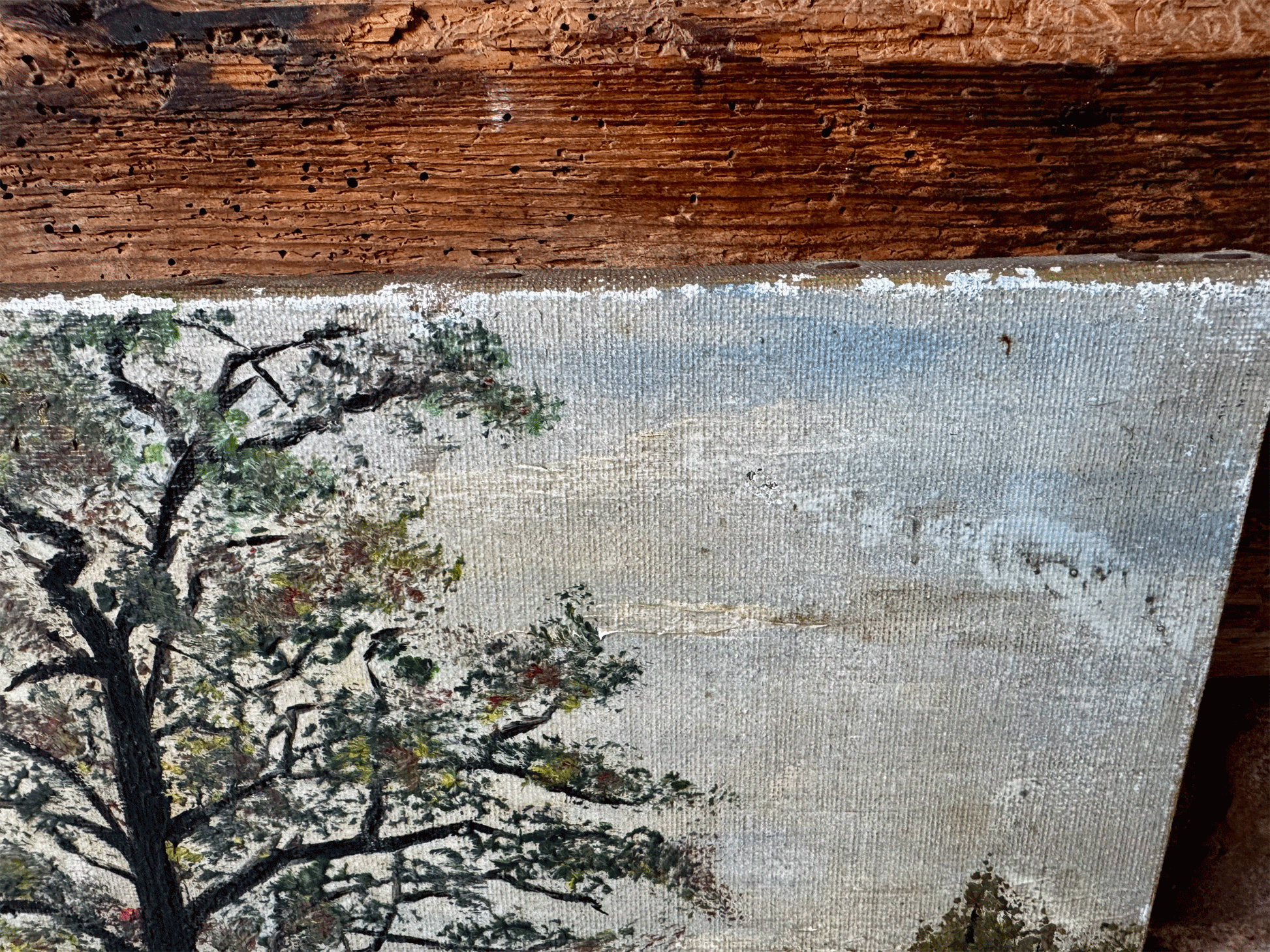 vntage french oil painting canvas signed country landscape river scene setting