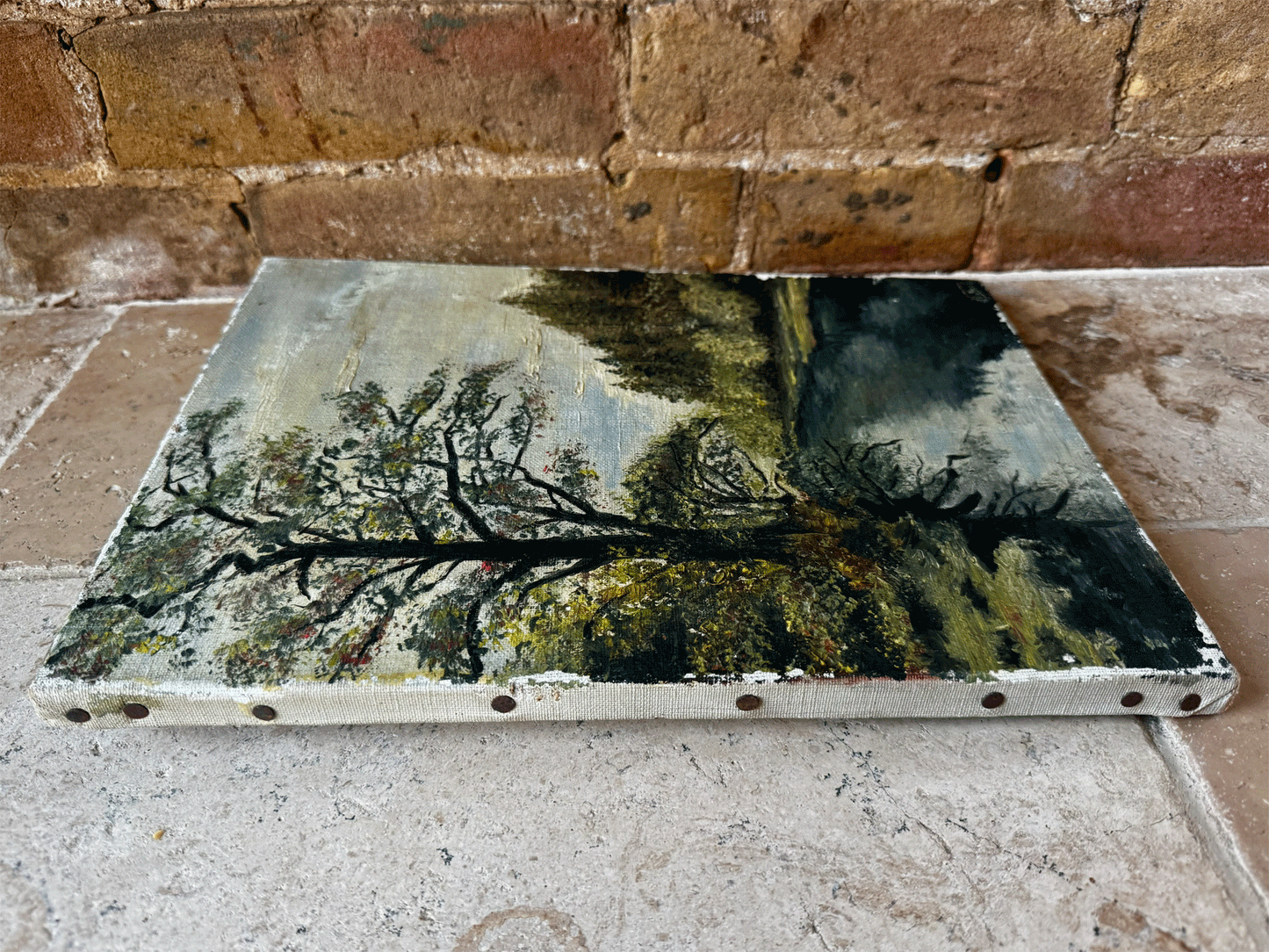 vntage french oil painting canvas signed country landscape river scene setting