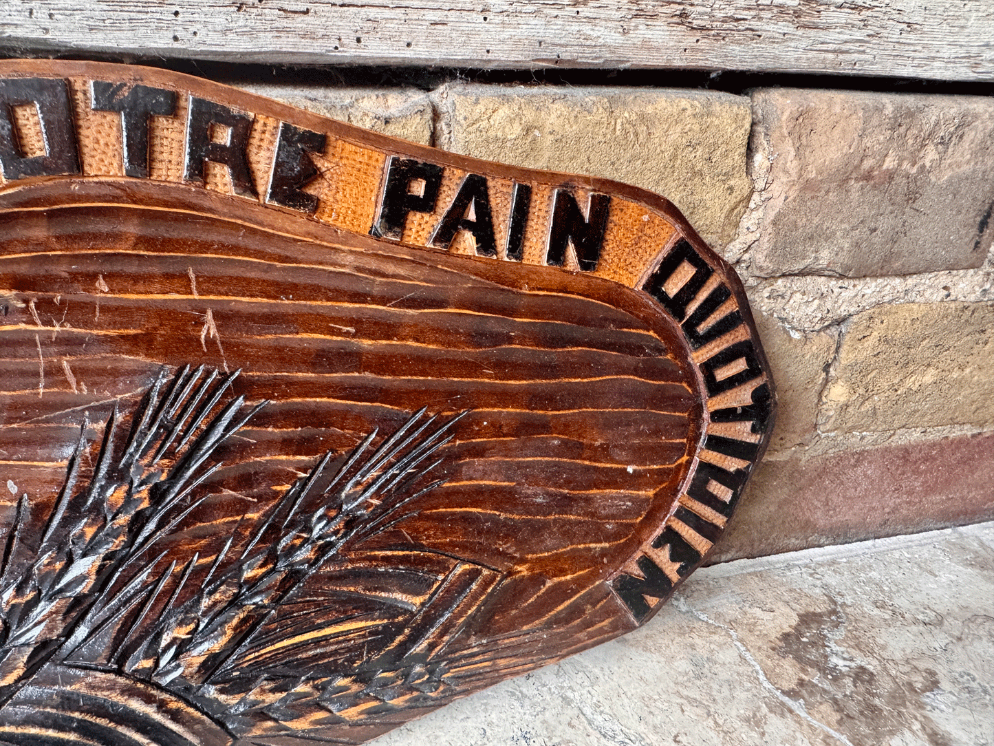 vintage french carved wooden treen bread platter board motto daily bread pain quotidien