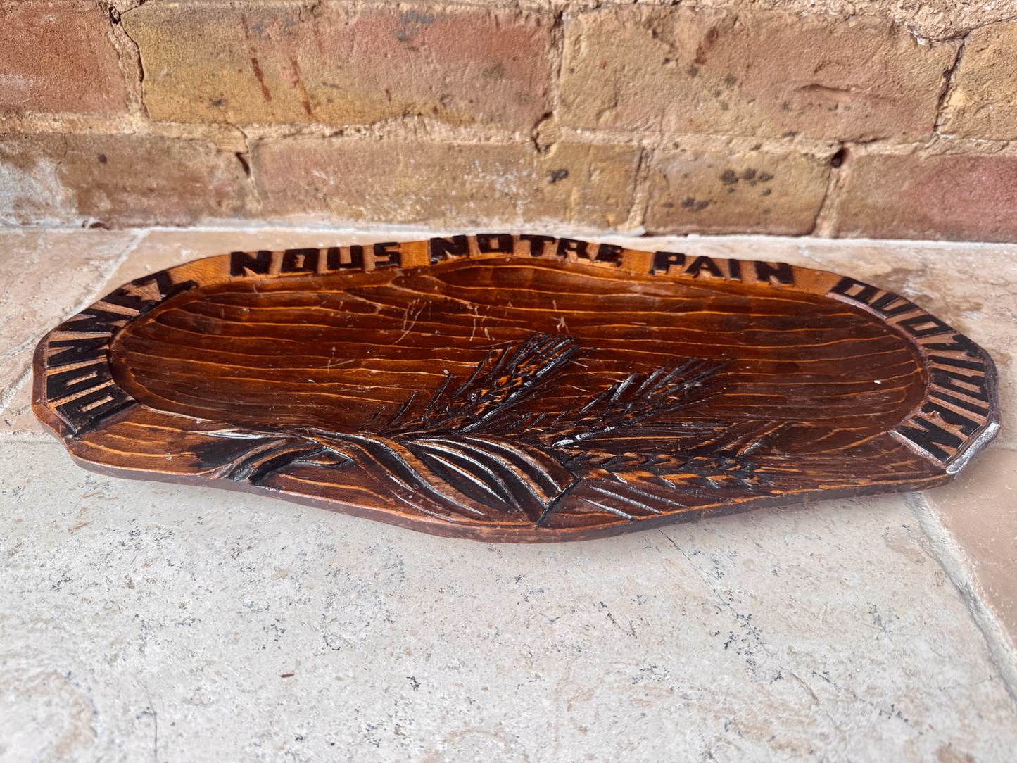 vintage french carved wooden treen bread platter board motto daily bread pain quotidien