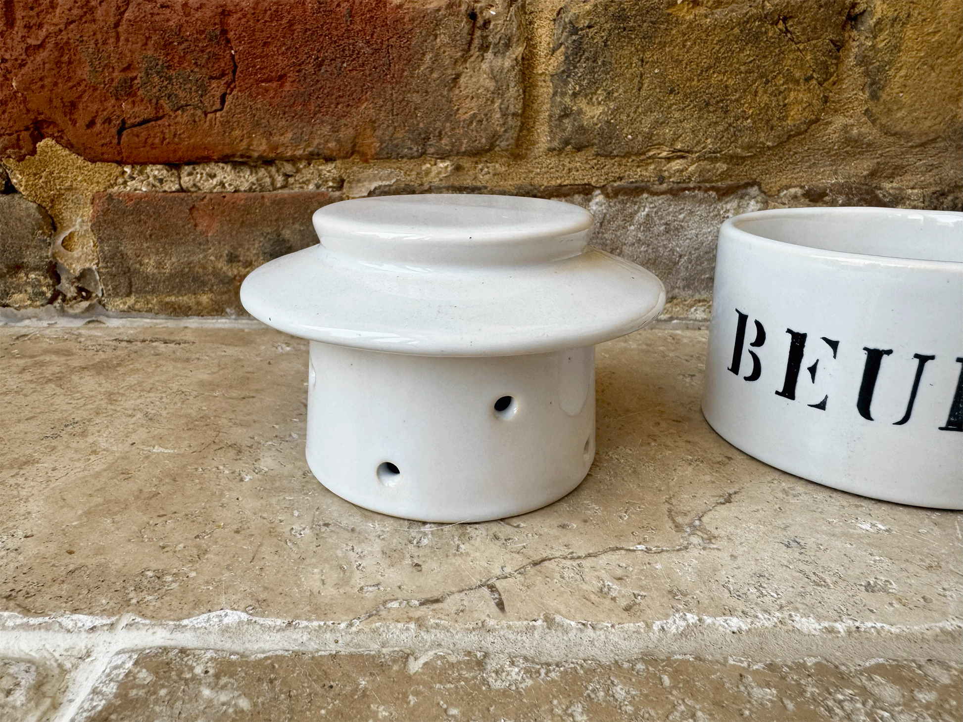 vintage french charolles beurre butter cooler dish pot white stoneware black art deco typography