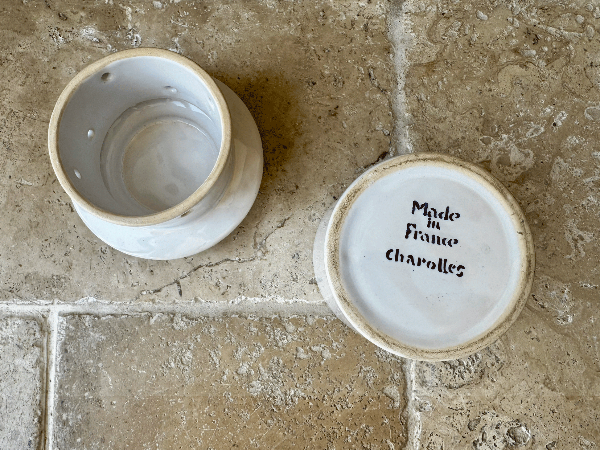 vintage french charolles beurre butter cooler dish pot white stoneware black art deco typography