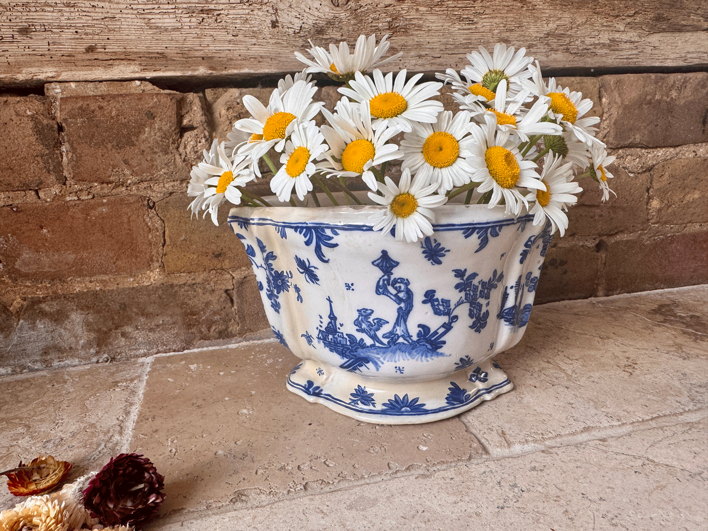 antique french rare blue white glazed flower frog display vase bouquetiere