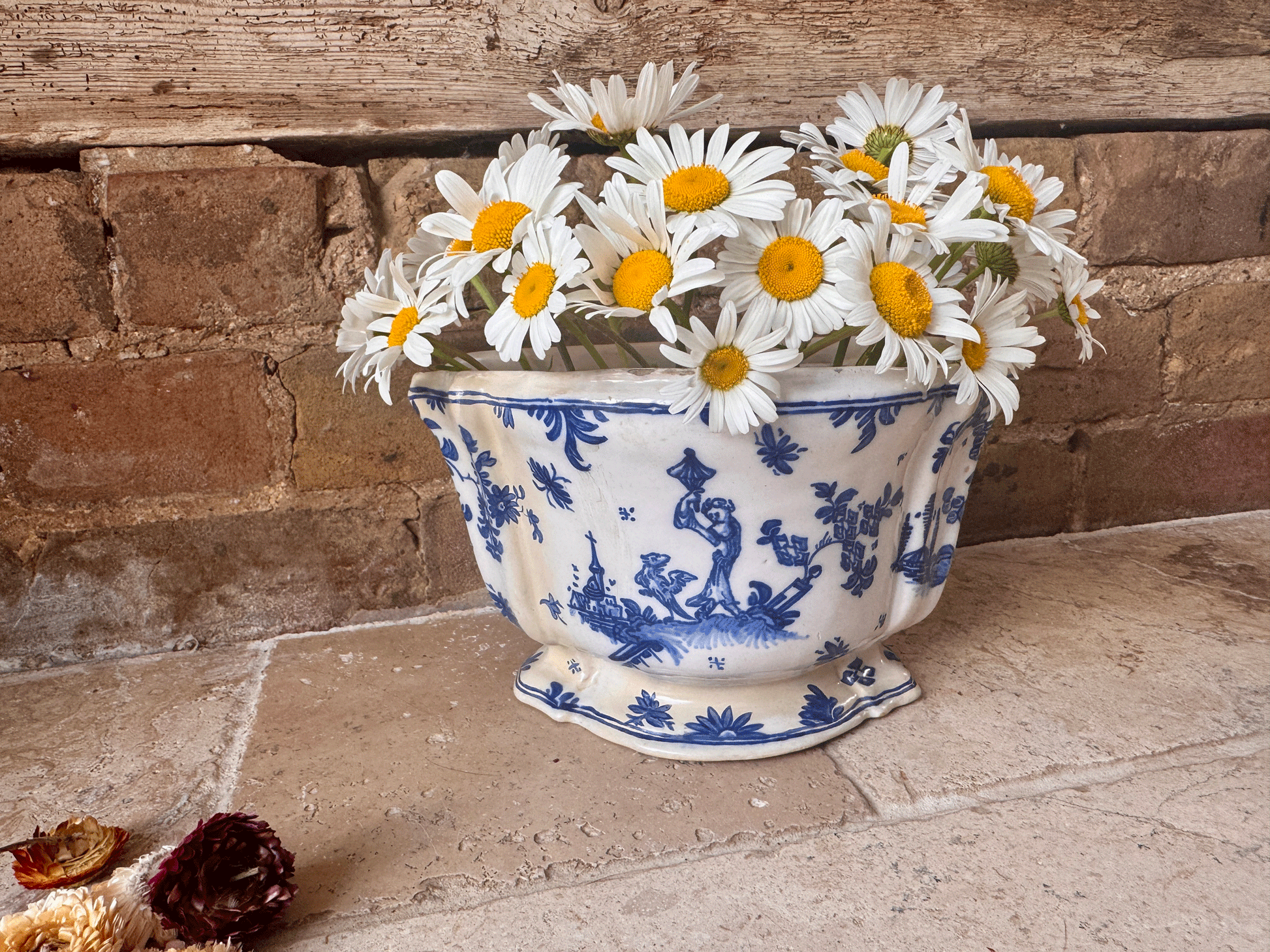 antique french rare blue white glazed flower frog display vase bouquetiere