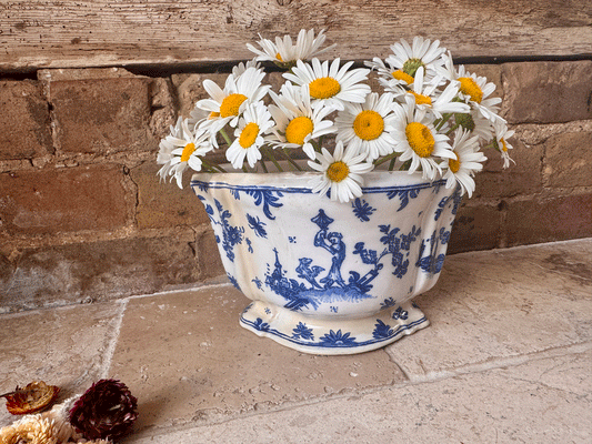 antique french rare blue white glazed flower frog display vase bouquetiere