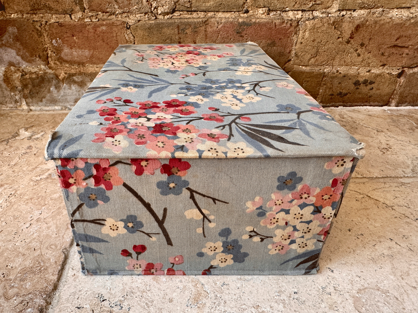 vintage french galerie lafayette floral blue fabric boudoir trinket glove box