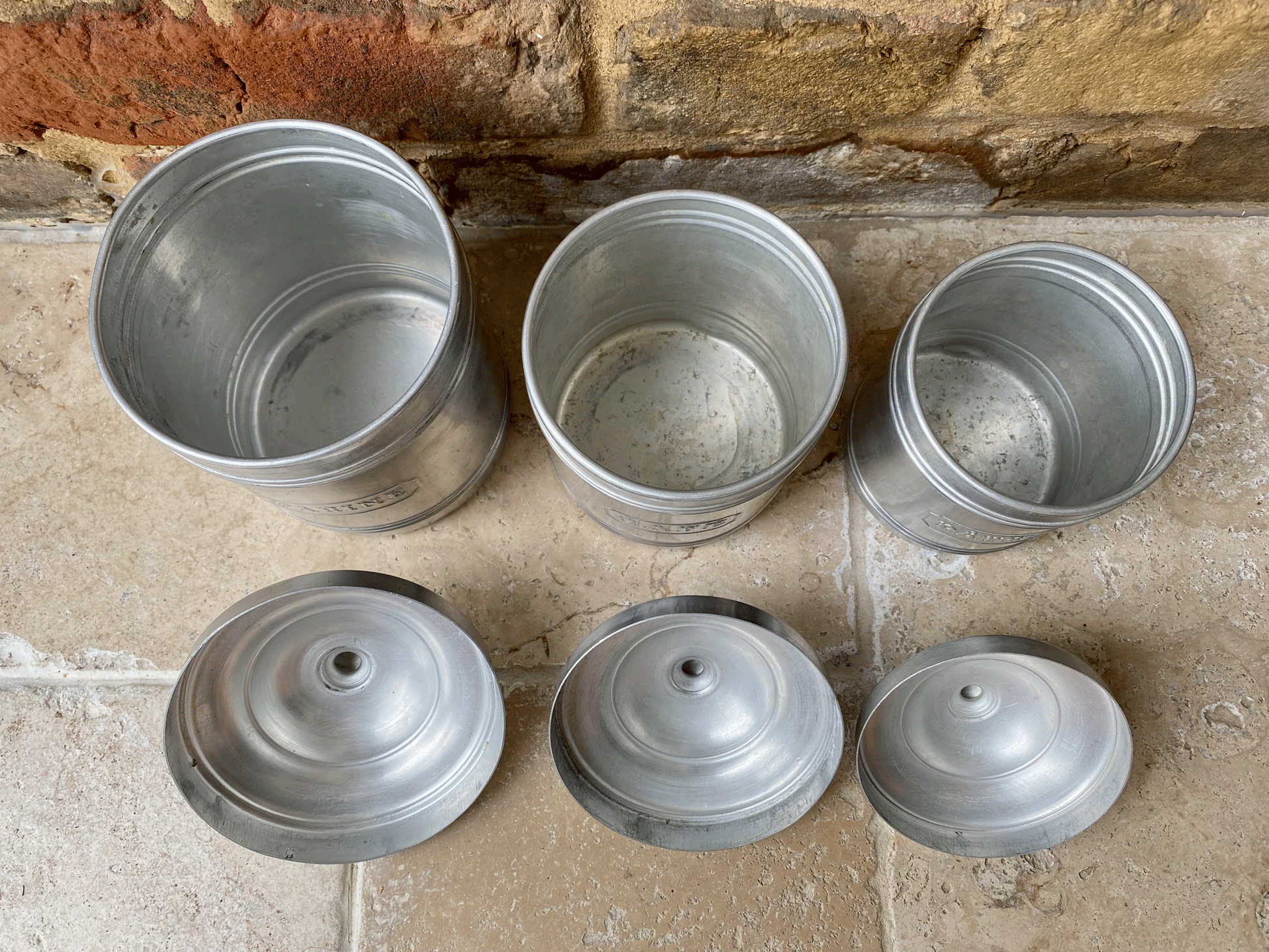 vintage french set aluminium kitchen jars canisters