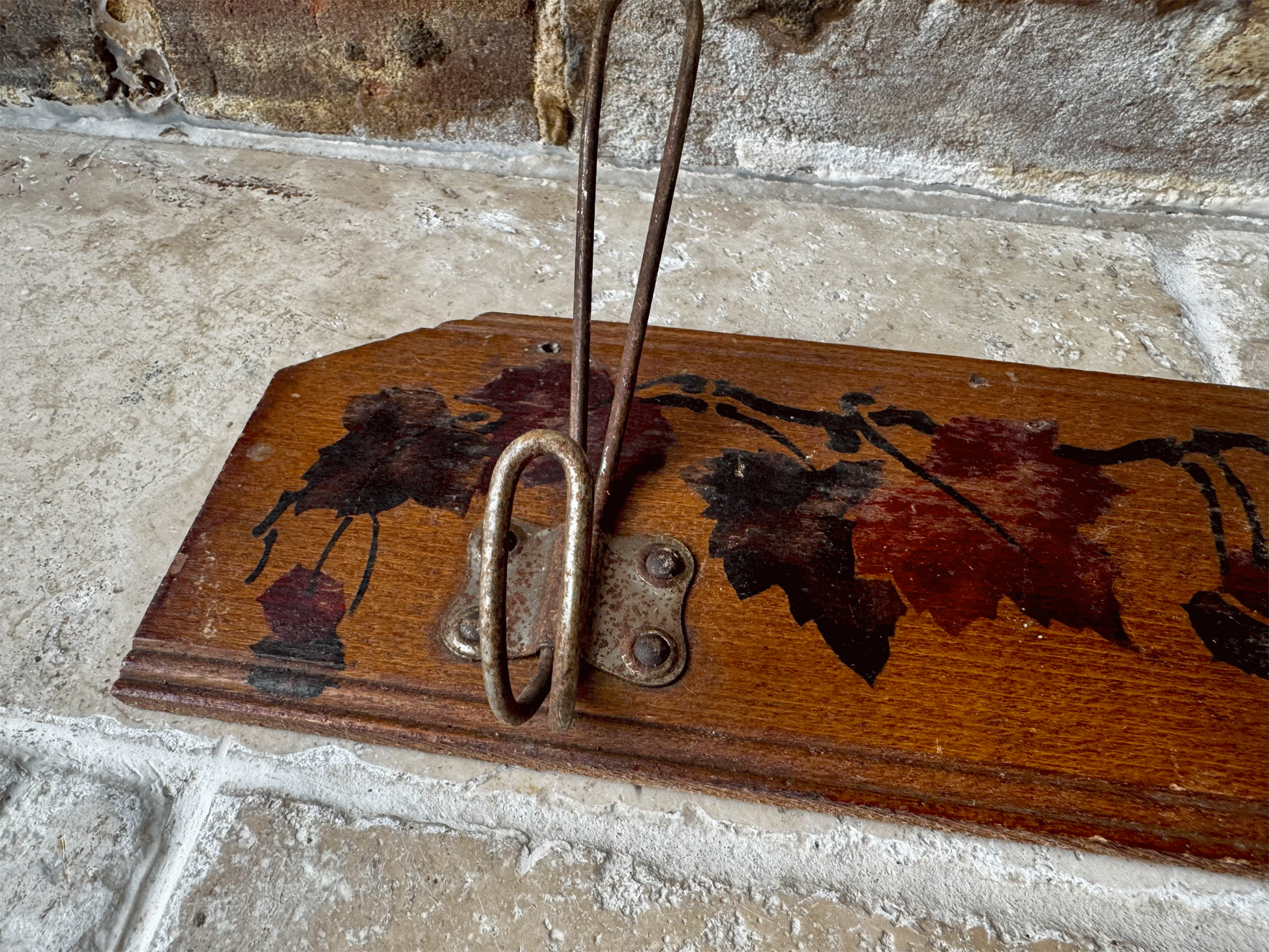 hnd painted decorative french wooden panel coat hooks berries foliage leaves
