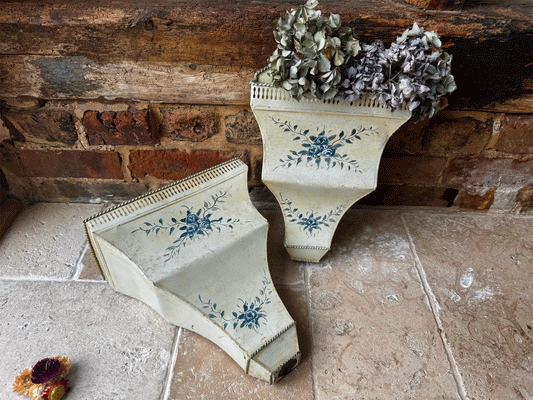 vintage french blue cream hand painted toleware wall pocket vase