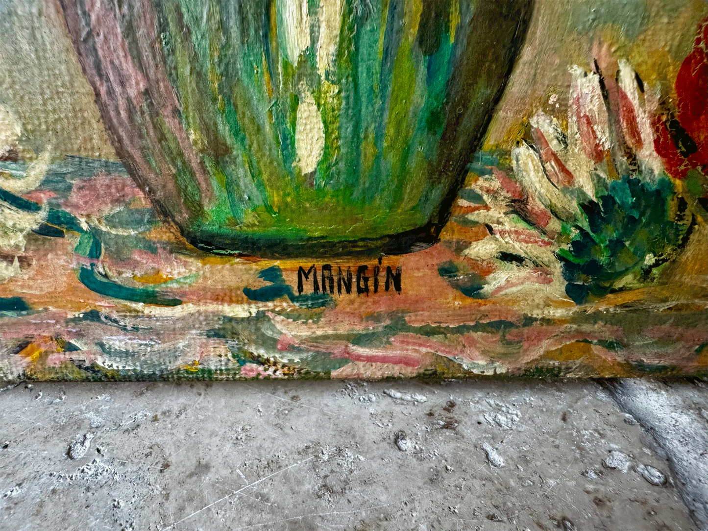 vintage french oil painting canvas virbant floral still life flowers vase signed mangin